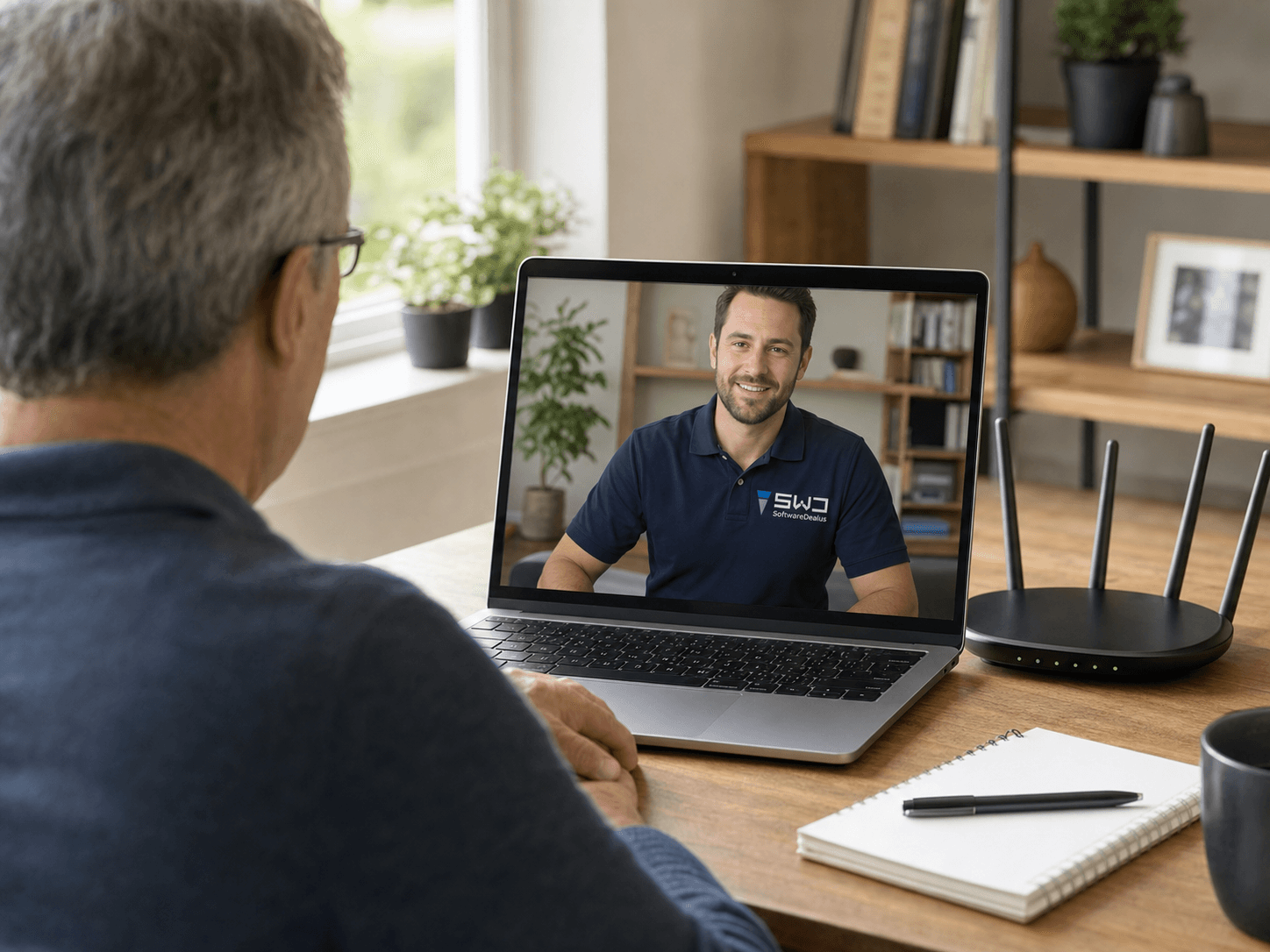 A customer speaking with a branded SoftwareDealus technician from home